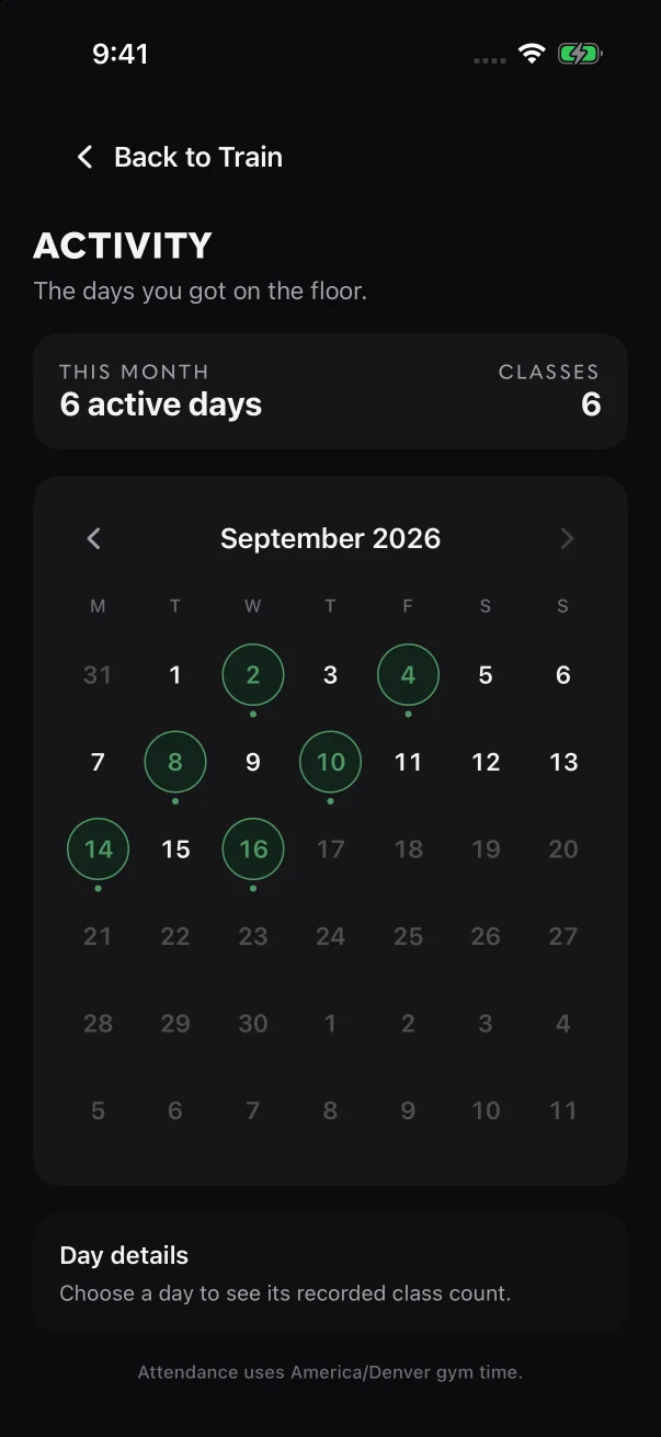 Highlighted days have a recorded class, faint days haven't happened yet, and the note at the bottom names your gym's time zone.