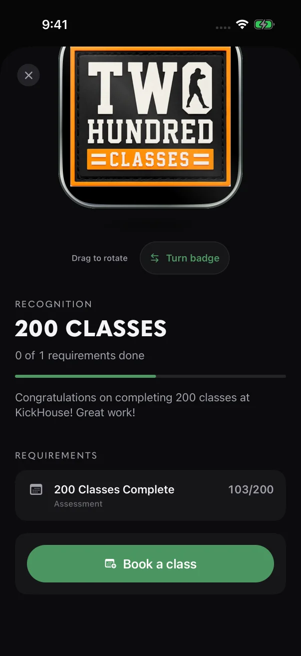 A class milestone counts up on its own. This sample member is at 103 of 200.