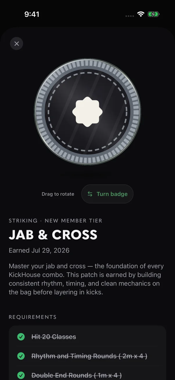 An earned patch opened from the Locker, with the full date you earned it under its name.
