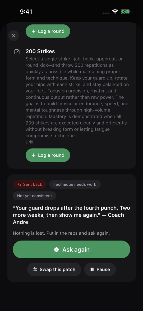 A sent-back request shows your coach's reasons and note above the Ask again button.