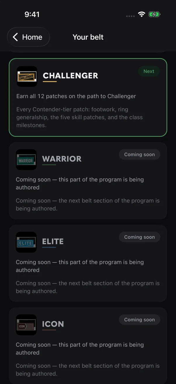 Belts higher up the ladder show "Coming soon" until your gym's program adds them.