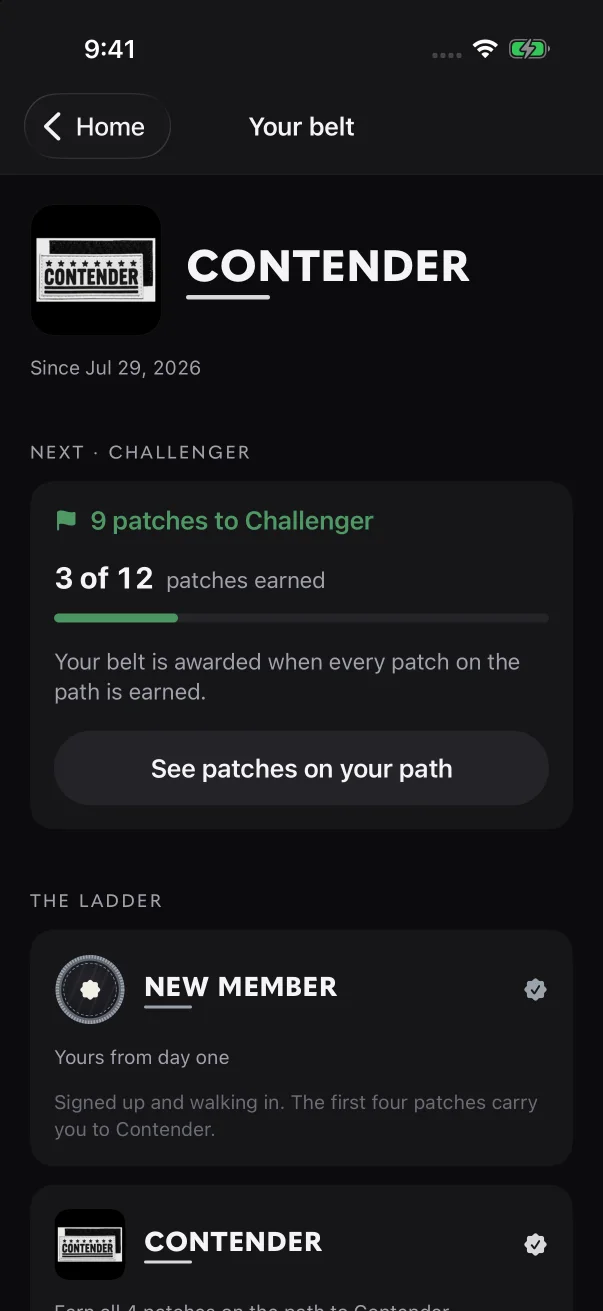 "Next" shows how many patches stand between you and your next belt. See patches on your path opens your Journey to show which ones.