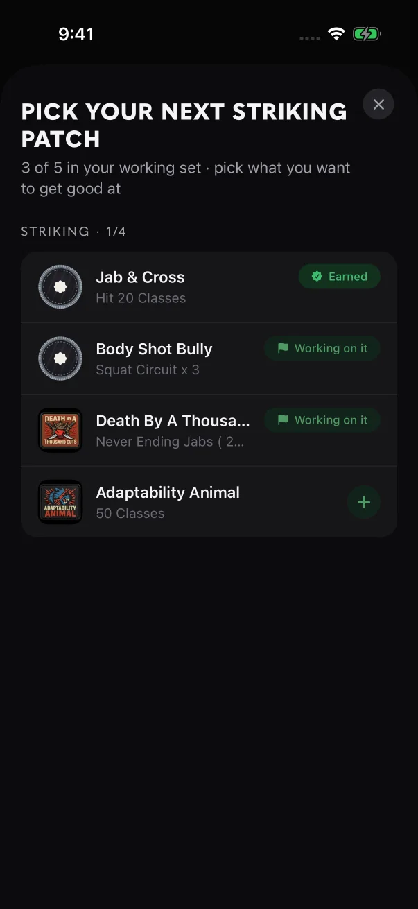 Tapping a circle opens the patch list, narrowed to one type of patch.