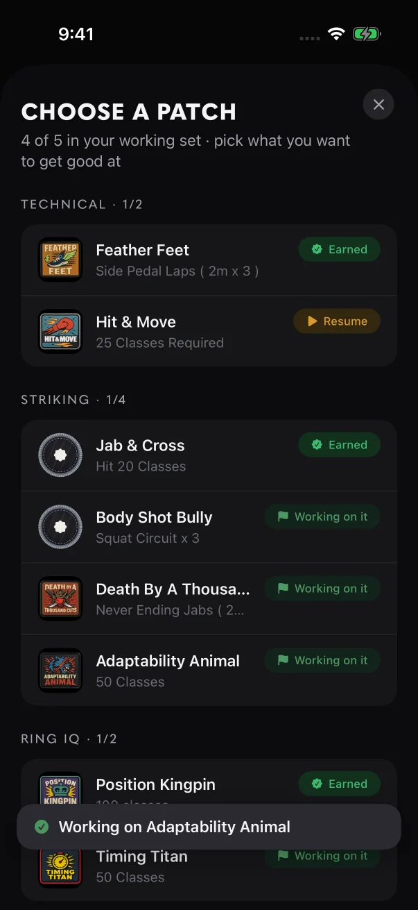 The new patch reads "Working on it", and the count moved from 3 to 4 of 5.