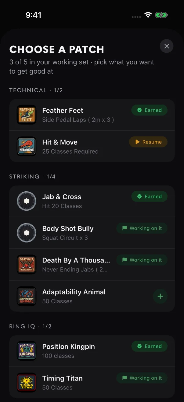 Choose a patch shows how many slots are in use and what state each patch is in.