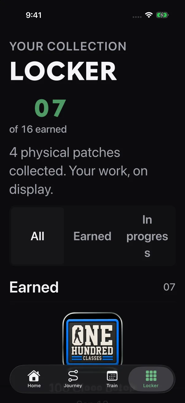 At a very large text size, the counter moves under the title and the patches line up in a single column.