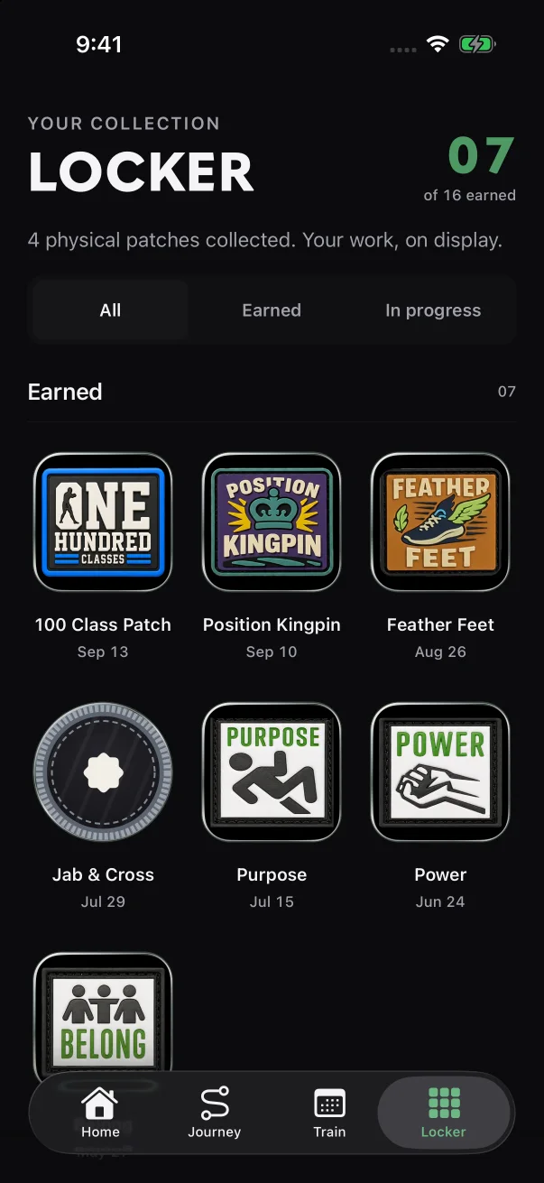 The top of the Locker: your count of earned badges, your physical patches, the filter and your newest badges first.