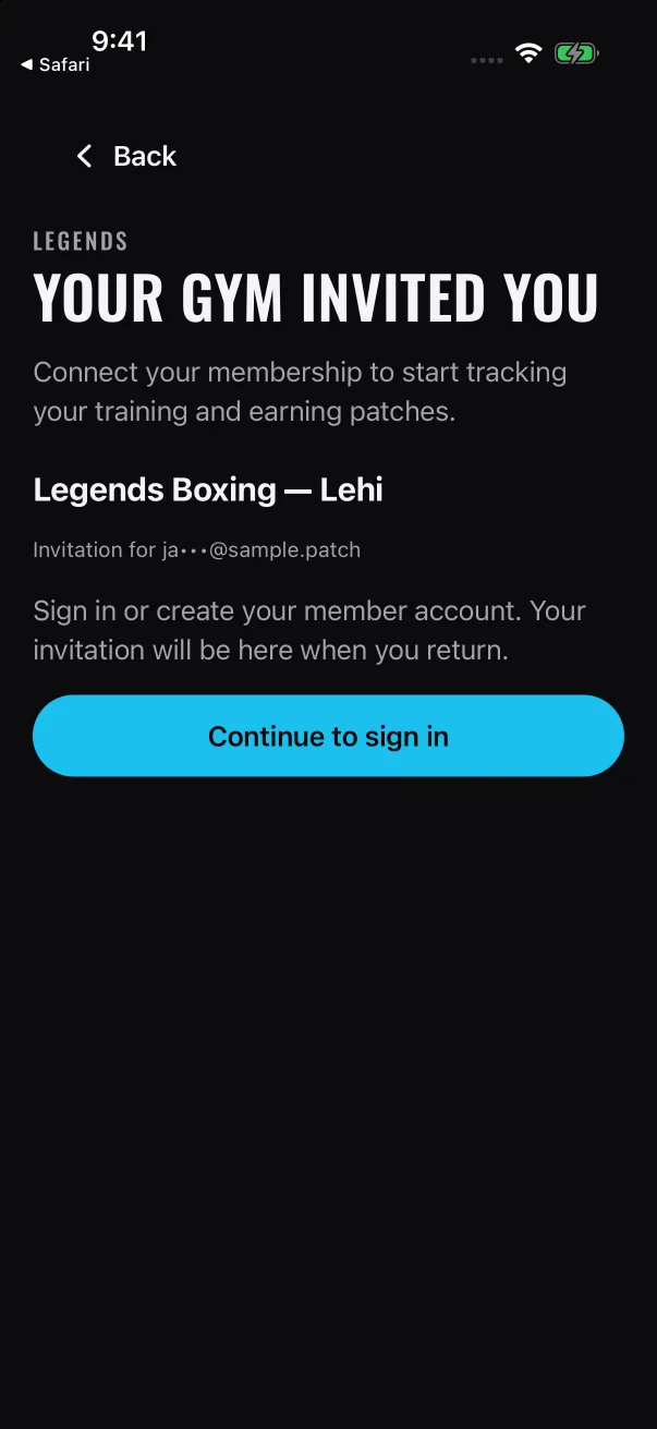 Signed out, you see the gym, a hint of the invited email and Continue to sign in.