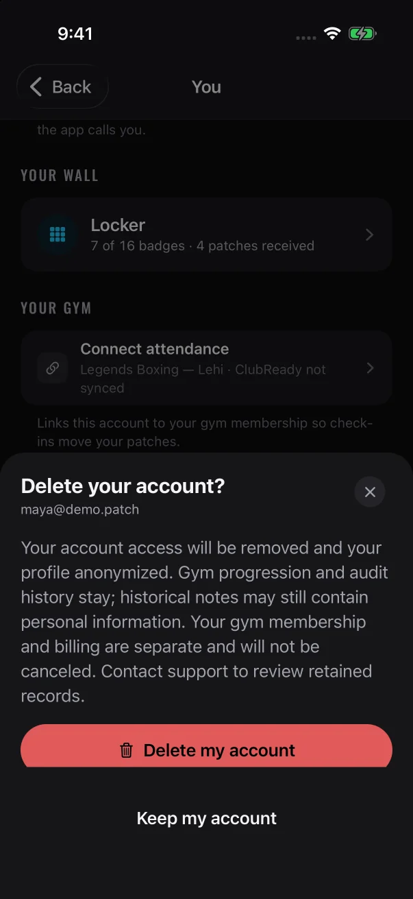 The sheet explains what happens before anything is deleted, and Delete my account is the red button.