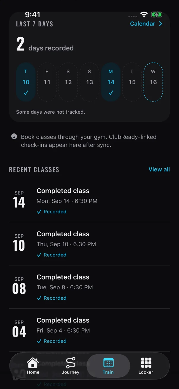 Below the Last 7 days card sits the booking note, then Recent classes with the View all link.